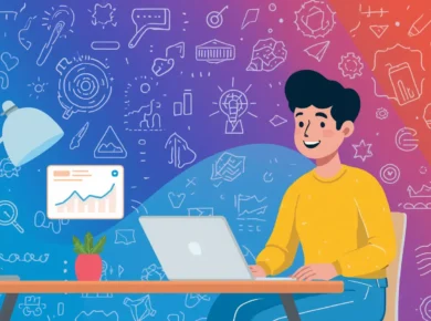 Person learning Google Ads on a laptop with digital marketing and analytics illustrations in the background