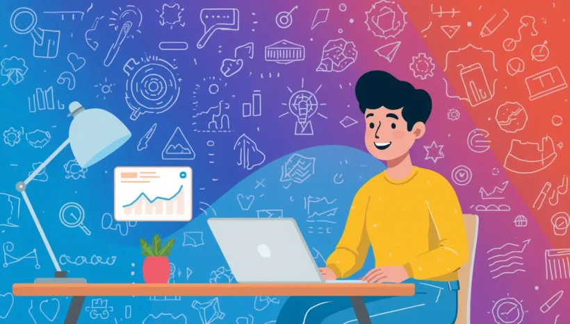 Person learning Google Ads on a laptop with digital marketing and analytics illustrations in the background