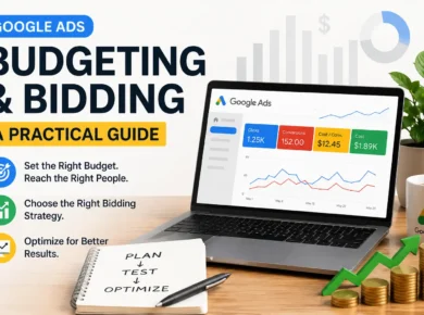 Google Ads budgeting and bidding guide showing campaign metrics, budget planning, bidding strategies, and performance growth charts.