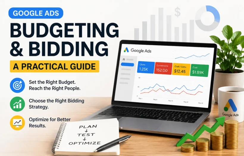 Google Ads budgeting and bidding guide showing campaign metrics, budget planning, bidding strategies, and performance growth charts.