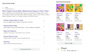 Google Search advertisement displaying sitelinks and sponsored product listings, demonstrating how ad assets increase visibility and screen space in search results.