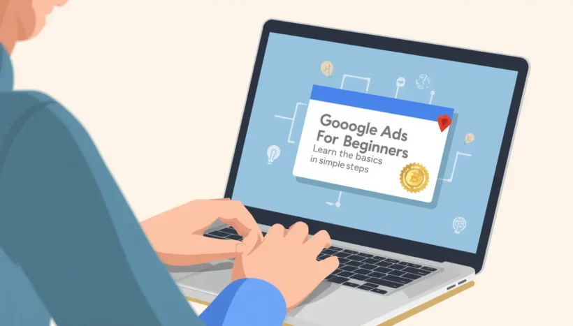 Person learning Google Ads basics on a laptop with a beginner-friendly Google Ads training illustration