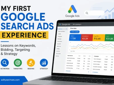Google Ads dashboard showing search campaign performance and practical learning experience from running paid search ads