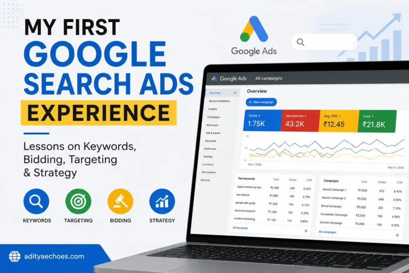 Google Ads dashboard showing search campaign performance and practical learning experience from running paid search ads
