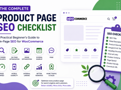 WooCommerce product page SEO checklist infographic showing on-page SEO optimization steps for ecommerce products
