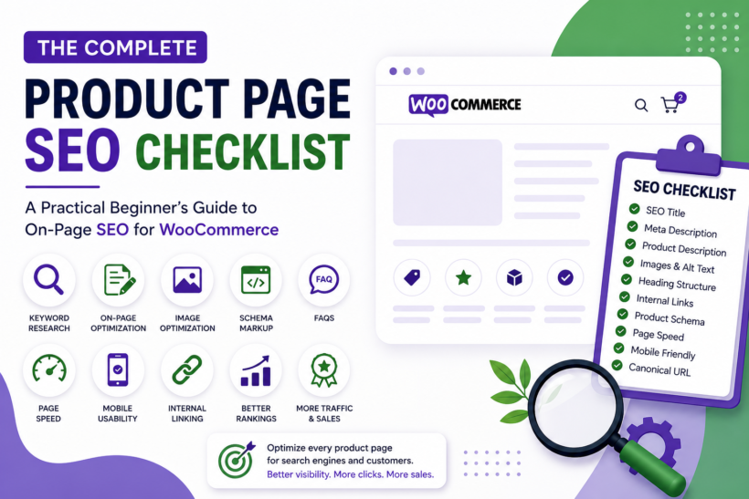 WooCommerce product page SEO checklist infographic showing on-page SEO optimization steps for ecommerce products