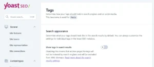 screenshot showing disable of tags in yoast seo