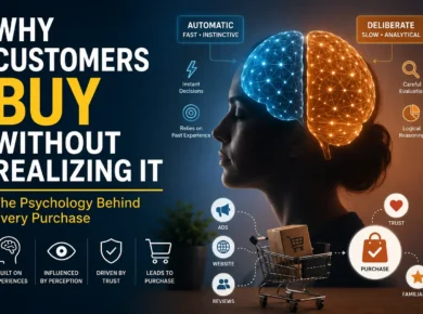 Illustration showing the two thinking systems of the human brain and how familiarity, trust, and perception influence customer buying decisions in marketing.