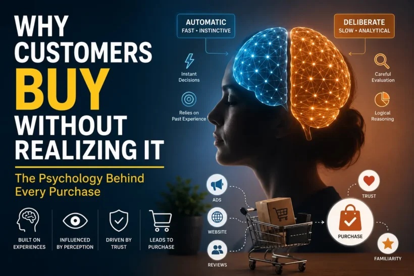 Illustration showing the two thinking systems of the human brain and how familiarity, trust, and perception influence customer buying decisions in marketing.