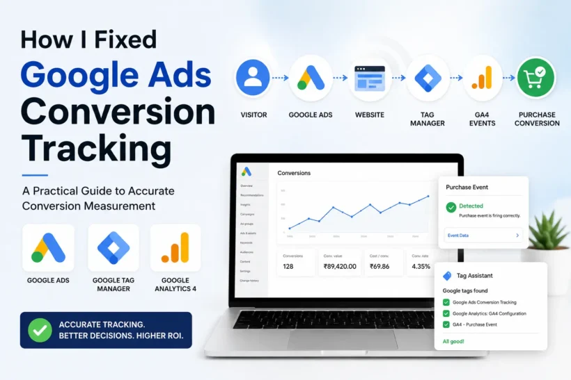 Featured image showing the Google Ads conversion tracking process using Google Tag Manager, Google Analytics 4, purchase events, and Tag Assistant for accurate conversion measurement.