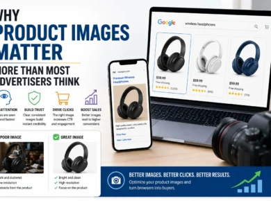 Illustration showing how high-quality product images improve trust, clicks, and conversions in Google Shopping and eCommerce advertising.