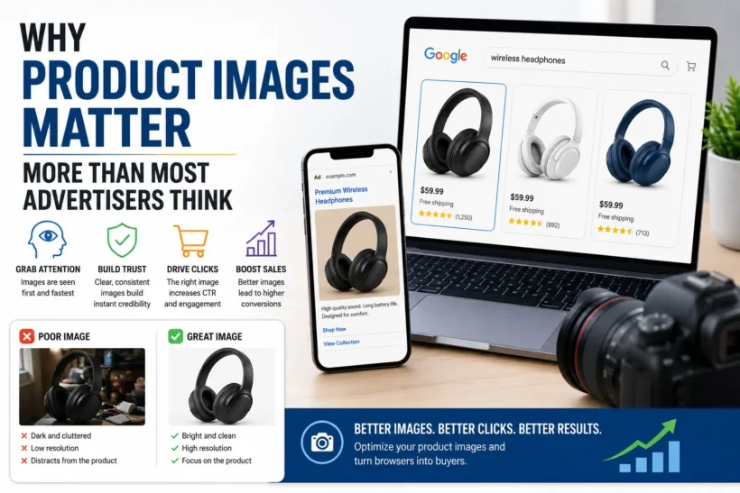 Illustration showing how high-quality product images improve trust, clicks, and conversions in Google Shopping and eCommerce advertising.