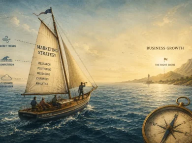 Illustration of a boat navigating the ocean, representing how marketing strategy guides business direction