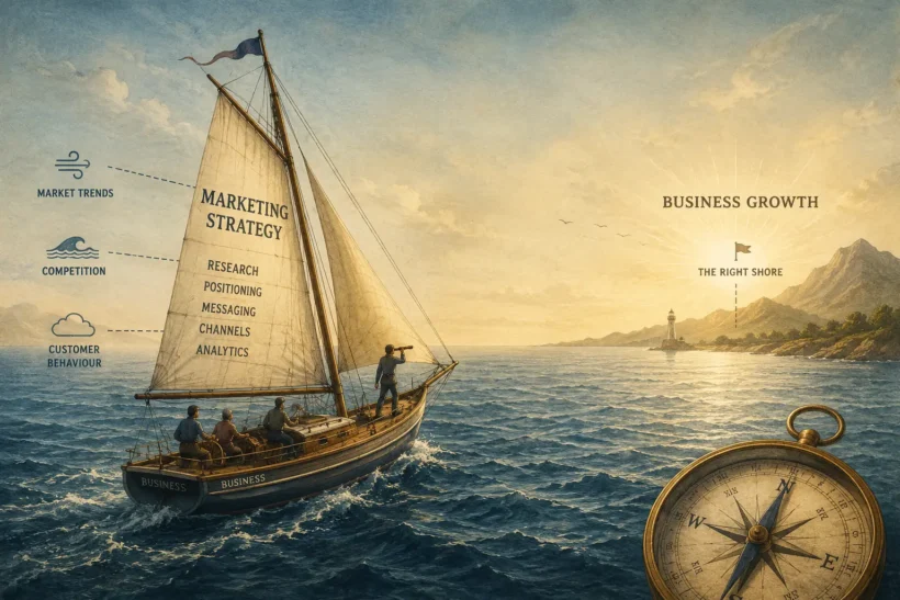 Illustration of a boat navigating the ocean, representing how marketing strategy guides business direction