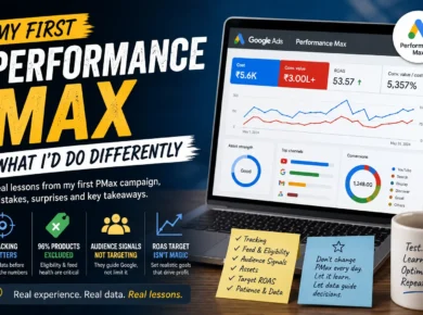 Seven-step Performance Max launch sequence covering measurement, Merchant Center, products, audience signals, assets, ROAS, and learning.
