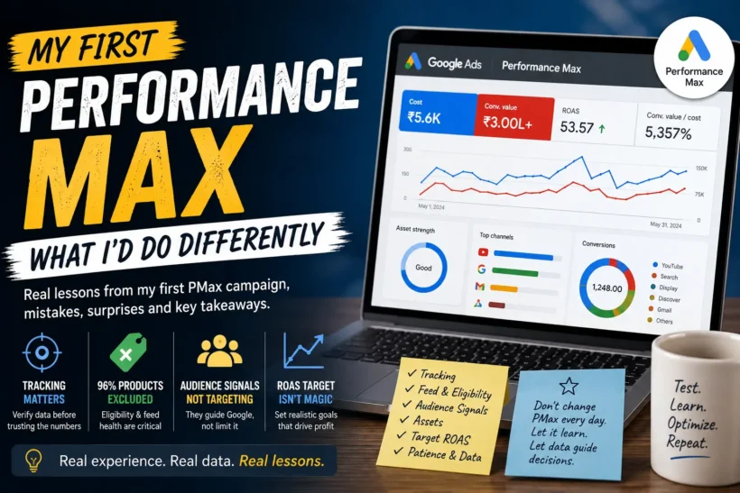 Seven-step Performance Max launch sequence covering measurement, Merchant Center, products, audience signals, assets, ROAS, and learning.