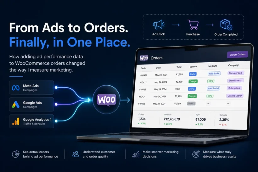 Dashboard showing Meta Ads, Google Ads and GA4 marketing data connected to WooCommerce orders with source, medium, campaign and revenue information.