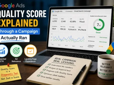 Google Ads Quality Score dashboard showing expected CTR, ad relevance, landing page experience, and campaign performance metrics.