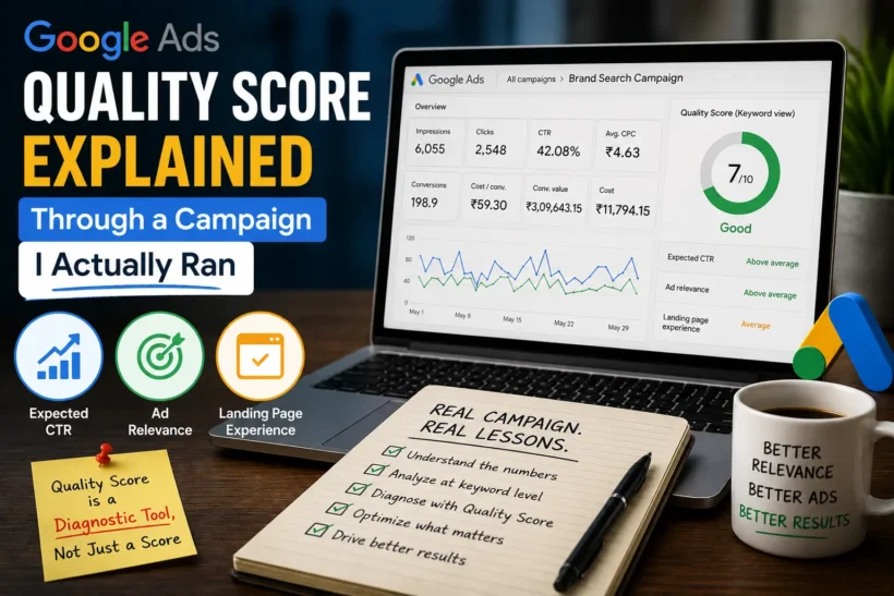 Google Ads Quality Score dashboard showing expected CTR, ad relevance, landing page experience, and campaign performance metrics.
