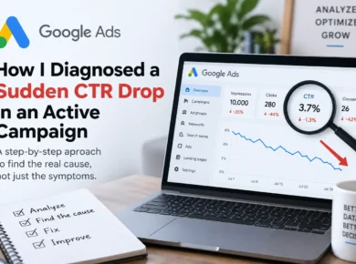 Google Ads dashboard showing a sudden CTR drop, declining clicks, impressions, and conversions.