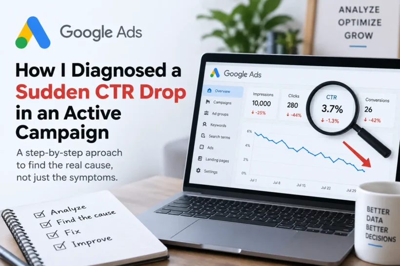 Google Ads dashboard showing a sudden CTR drop, declining clicks, impressions, and conversions.